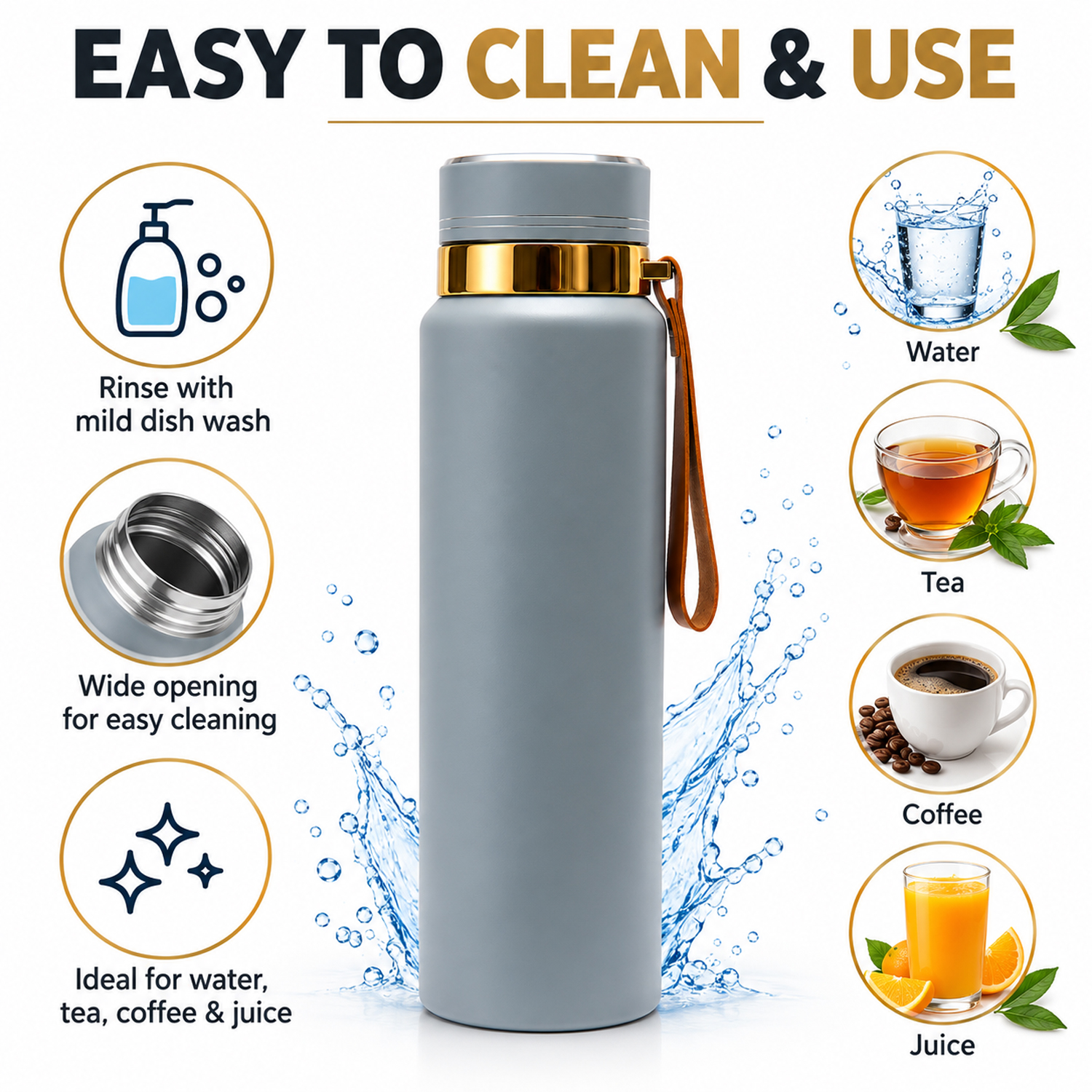 Water Bottle | Leakproof Stainless Steel Water Vacuum Flask 1000ml Grey color