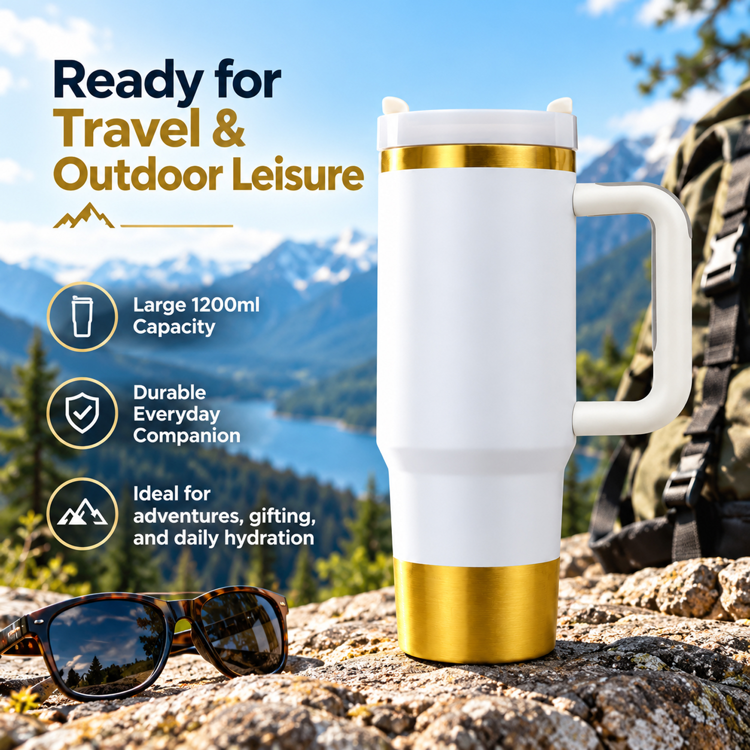 40 oz 1200ml Vacuum Insulated Tumbler - Recycled Stainless Steel Double Wall Travel with Dual Lid, Powder Coated Insulated Coffee Mug For Hot Cold Drinks, color gold white