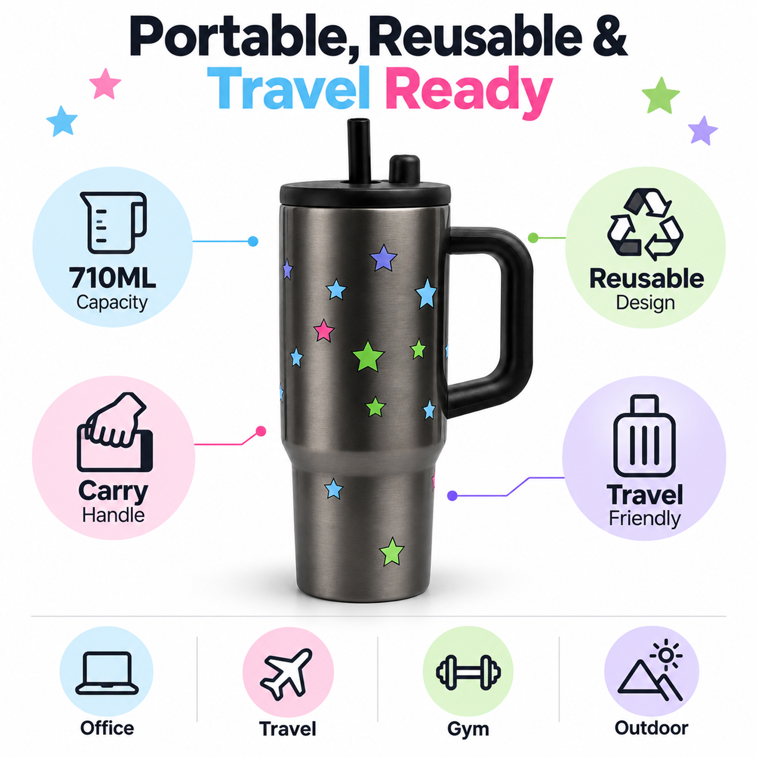710ml Portability Tumbler with Handle Straw Lid Large Volume Stainless Steel Vacuum Insulated Cup Keep Cold Travel