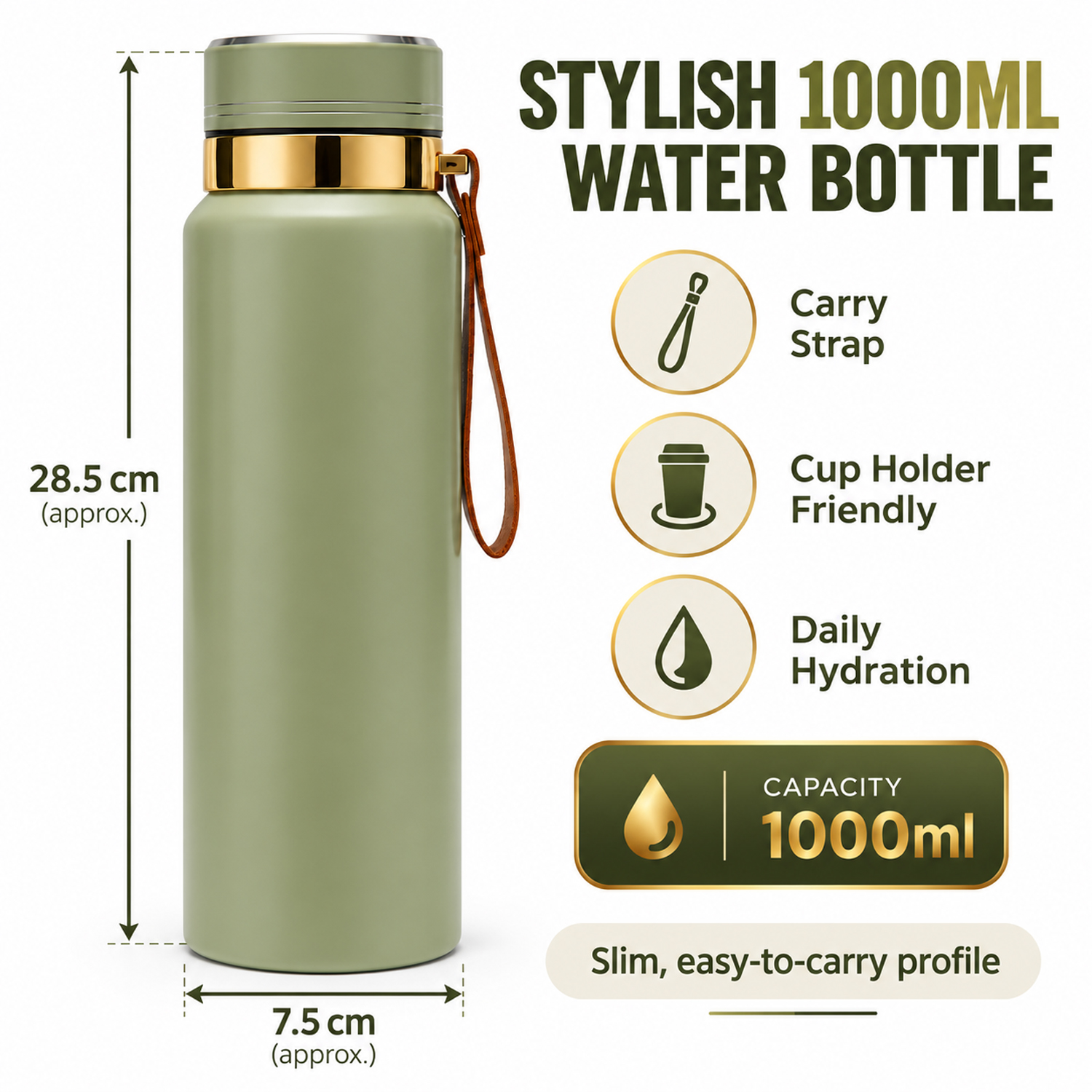 Water Bottle | Leakproof Stainless Steel Water Vacuum Flask 1000ml Olive
