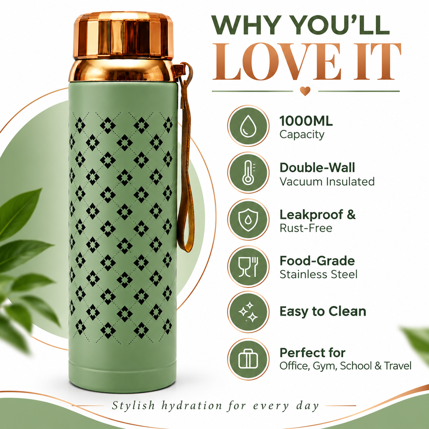 Water Bottle | Leakproof Stainless Steel Water Vacuum Flask 1000ml Grey color (Copy)