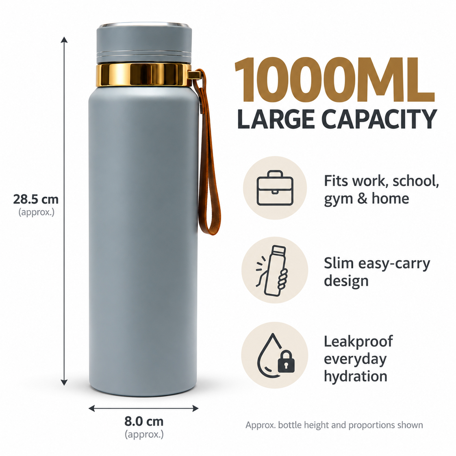Water Bottle | Leakproof Stainless Steel Water Vacuum Flask 1000ml Grey color